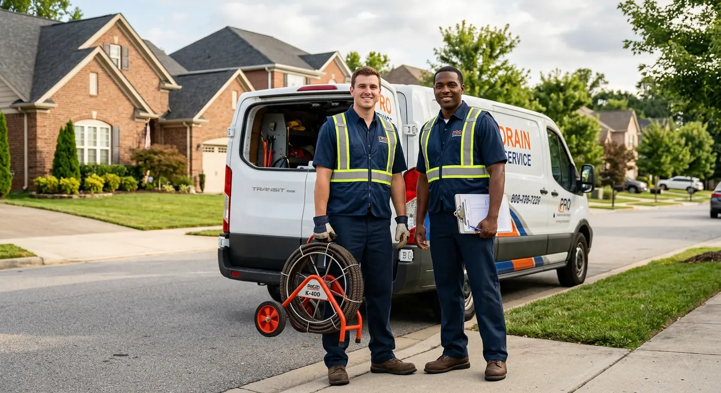 Sewer and drain service team with equipment ready for work in Wellesley