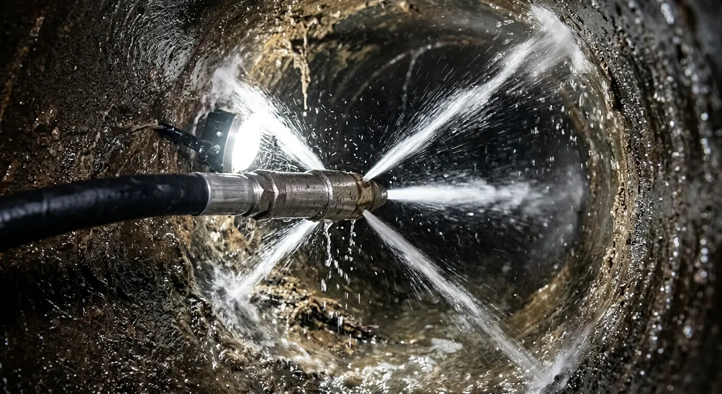 High-pressure hydro jetting nozzle cleaning sewer pipe for Trenchless Sewer Repair in Wellesley