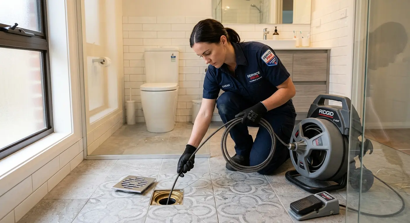 Technician clearing a bathroom floor drain for Clogged Drain Repair in Wellesley